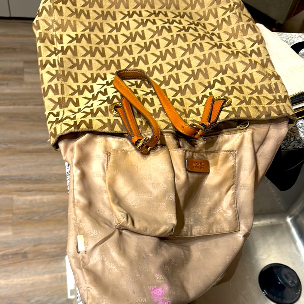 Michael Kors Beige & Brown Logo Drawstring Tote